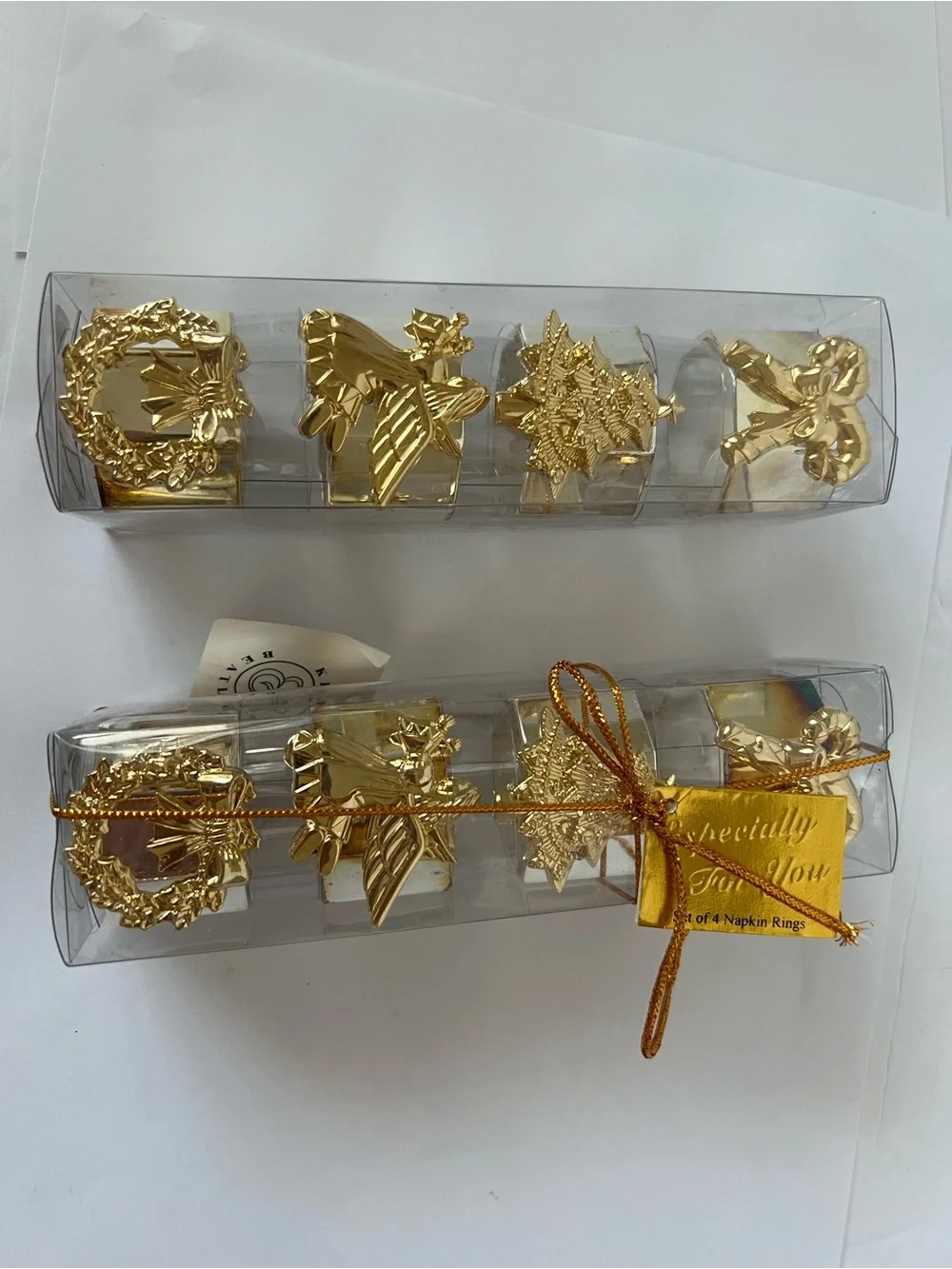 NWT 2 sets of Christmas Gold Tone Napkin Rings Octagon Shape 8 Total Rings